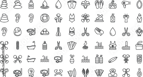 Beauty and personal care line icon set featuring spa, cosmetics, hair styling, skincare, grooming tools and wellness symbols in clean outline vector style