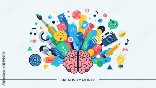 A vibrant collage representing creativity with various art supplies and a brain at the center