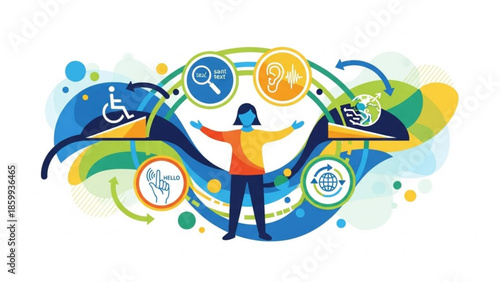 An illustration depicting a person surrounded by accessibility symbols and icons, emphasizing inclusivity and diversity in a vibrant, abstract environment.