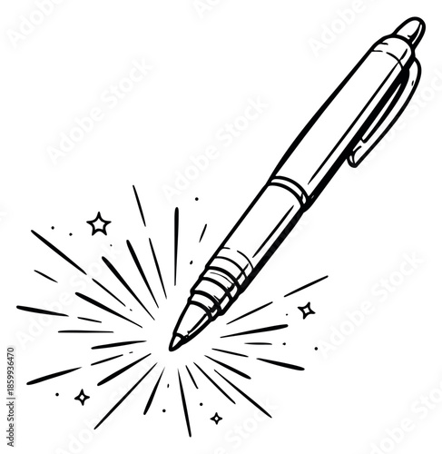 Hand drawn line art illustration of a writing pen depicting a burst of inspiration for education and creativity