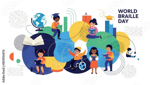 Celebrating World Braille Day with diverse individuals reading and interacting with braille materials