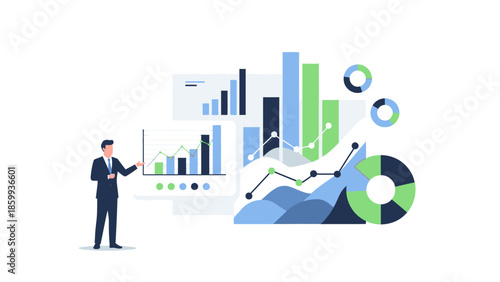 A businessman in corporate formal attire presents data on a graph and chart display with a creative conceptual approach in a startup tech environment for a corporate meeting.