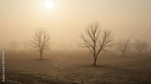 Bare trees stand in foggy landscape with hazy sun