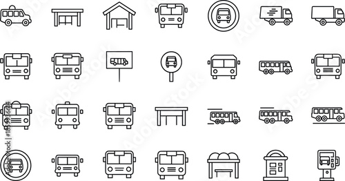 Public transport and bus station line icon set featuring buses, stops, shelters, vehicles and transit symbols in clean minimal outline vector style