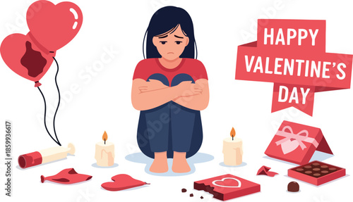 A sad woman sitting alone on Valentine's Day on transparent background