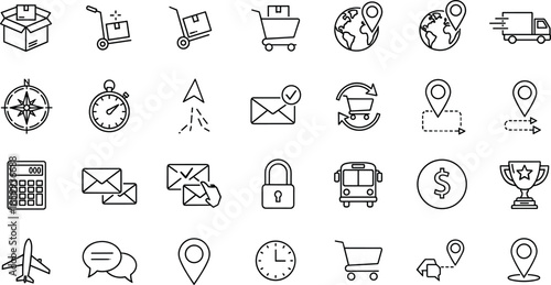 Logistics, delivery and ecommerce line icon set featuring shipping, navigation, shopping carts, tracking, messaging and global transport symbols in clean outline vector style