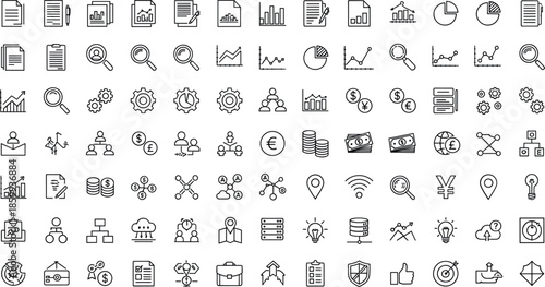 Business analytics and data visualization line icon set featuring charts, reports, finance, management, marketing and technology symbols in clean outline vector style