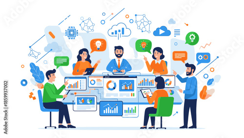 A diverse group of business professionals engaged in a corporate meeting with creative conceptual elements and startup tech graphics surrounding them in a modern office setting with a