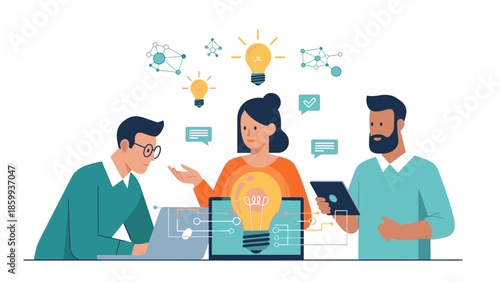 A creative team collaborates in a startup tech office scene with a corporate formal setting, brainstorming around a laptop with a lightbulb idea and speech bubbles, conveying a conceptual