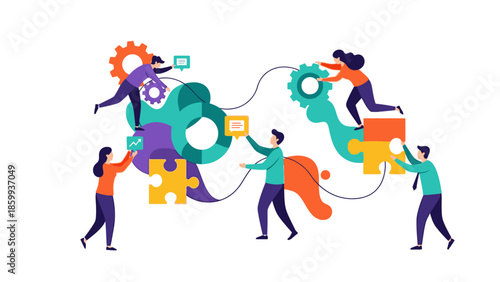 A diverse group of people engaged in teamwork, working together to assemble a large puzzle with colorful pieces and gears in a corporate setting with a creative and conceptual approach.