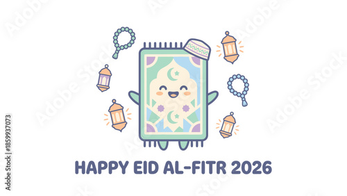 Cute Cartoon Prayer Mat Character Celebrating Eid Al-Fitr.