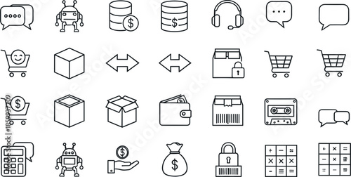 Business, ecommerce and finance line icon set featuring shopping carts, payments, data storage, communication and security symbols in clean outline vector style