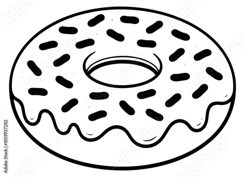 Hand drawn line art illustration of a donut depicting a sweet glazed dessert with sprinkles for bakery and snack food concepts