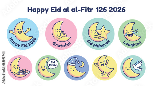 Cute Crescent Moon Characters Celebrating Eid al-Fitr.