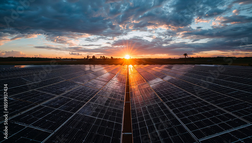 Energia limpa em destaque: painéis solares refletindo o pôr do sol em cenário impressionante