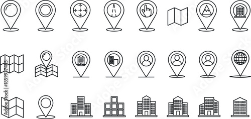 Location pin and map marker line icon set featuring navigation, city buildings, points of interest and mapping symbols in clean outline vector style