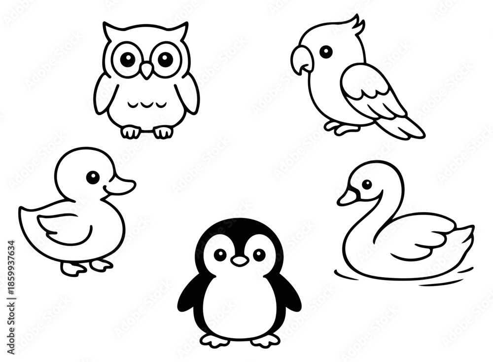 Fototapeta premium Cute line art bird set featuring an owl, parrot, duck, penguin, and swan for children's designs