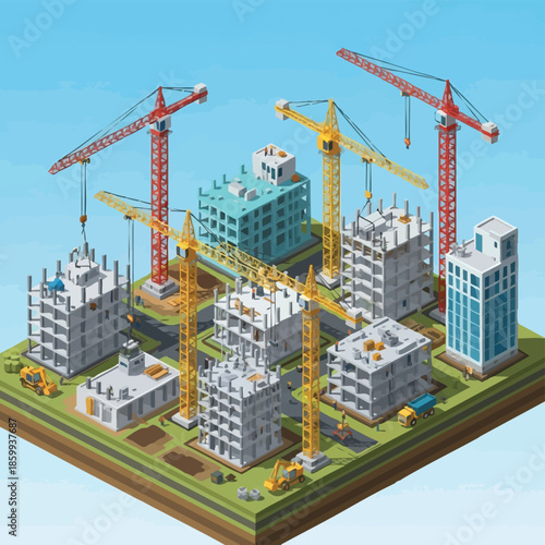 Construction Site with Cranes and Buildings - Urban Development.