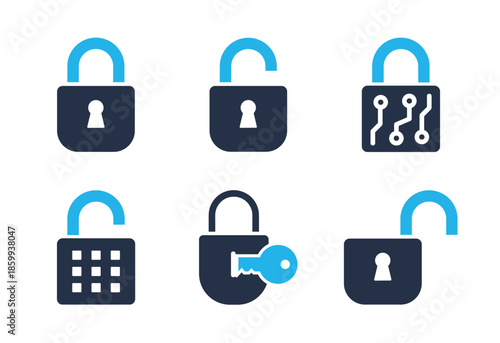 Digital and Physical Padlock icon set. Solid glyph series icons