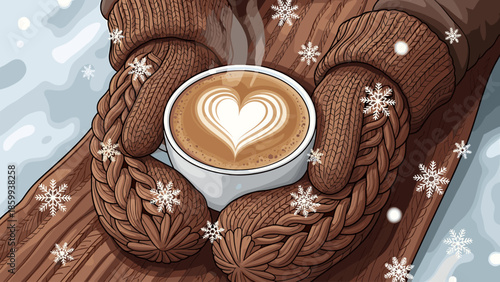 Cozy Winter Coffee: Hands in Mittens Holding Steaming Latte with Heart Art and Falling Snowflakes