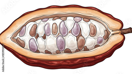 Detailed cross-section illustration of cocoa pod with raw beans and white pulp. Botanical drawing for chocolate ingredient.