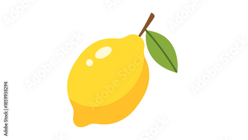 Bright Yellow Lemon Fruit Illustration with Green Leaf and Stem. Fresh Citrus Graphic Element, Flat Design on White.
