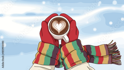Cozy Winter Coffee: Mittened Hands Holding Heart Latte in Snowy Scene with Striped Scarf