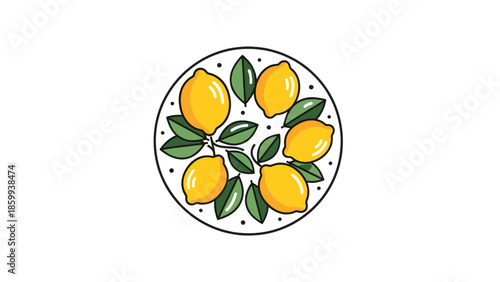 Vibrant yellow lemons and green leaves arranged in a fresh circular design. Simple citrus fruit illustration.