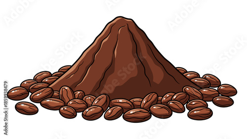 Ground coffee pile with whole beans, cartoon style illustration