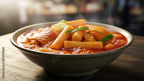 Steaming hot bowl of vibrant red spicy Asian rice cakes, a popular and flavorful traditional comfort food dish
