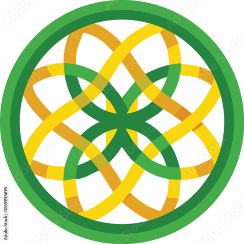 Celtic Knot Circular Icon Green And Gold Interlaced Pattern Vector Symbol