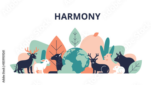 Diverse animals coexist peacefully around the globe symbolizing harmony.