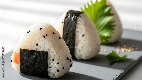 Delicious Onigiri Rice Balls with Nori and Sesame Seeds on a Dark Slate