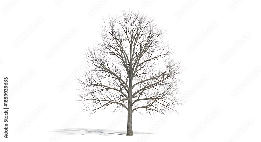 Obraz premium Bare deciduous tree illustration, isolated on white background, casting a shadow, perfect for seasonal graphics