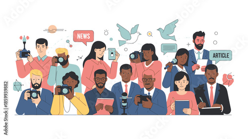 Diverse group of journalists and photographers covering an event.