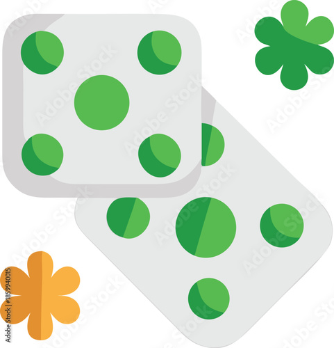 Lucky Dice Icon With Green Clover Dots Instead Of Numbers Flat Vector