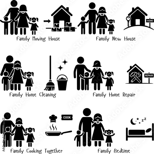 Collection of Family Stick Figure Icons for Moving House, Cleaning, Repairing, and Cooking