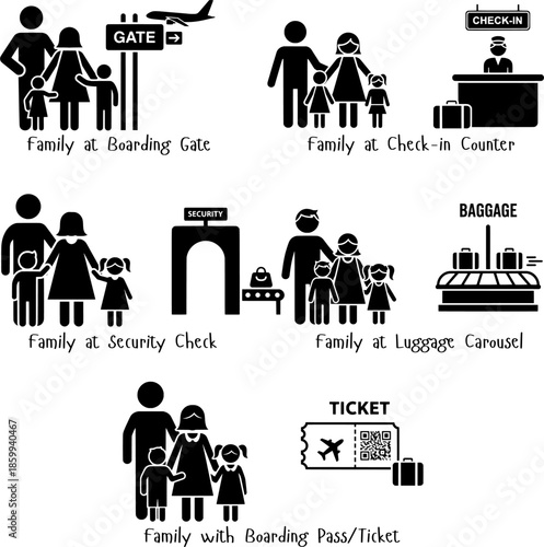 Family Airport Travel Icons Set, Departure and Arrival Journey Concept Illustration