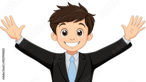 Happy cartoon businessman in black suit with blue tie smiling and raising hands cheerfully