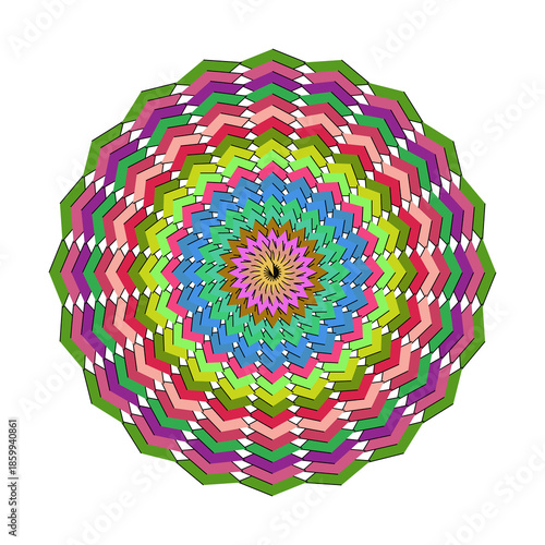 Layered Chevron Style Mandala with Rainbow Colors and Green Border, Abstract Symmetry Vector Art