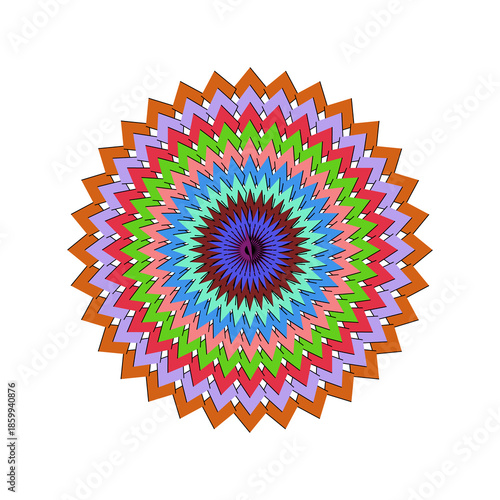 Vibrant Starburst Mandala Illustration with Layered Zigzag Patterns in Orange, Green, and Purple