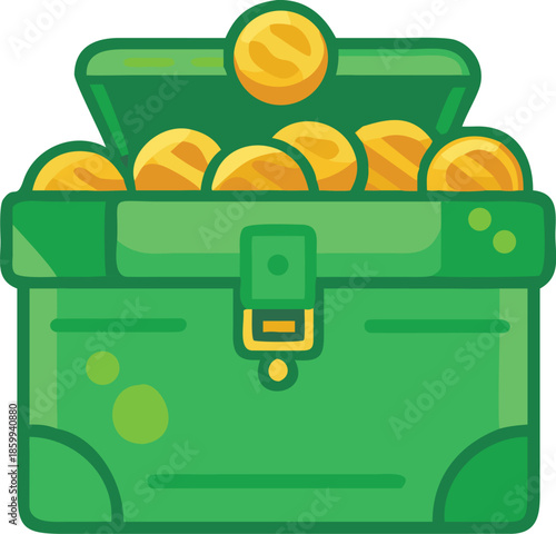 Vector Icon Of A Green Treasure Chest Overflowing With Coins