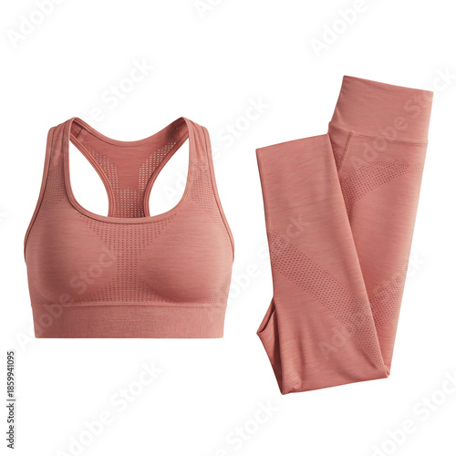 A pink seamless racerback sports bra and folded perforated leggings activewear set for workout yoga, isolated on transparent background