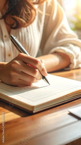 Woman writing in a journal with natural light, focus on hand and pen.