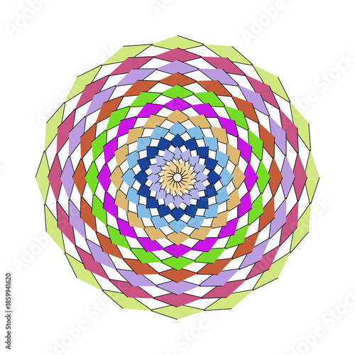 Circular Rhombus Mesh Mandala in Shades of Magenta, Blue, and Green, Geometric Vector Art Illustration