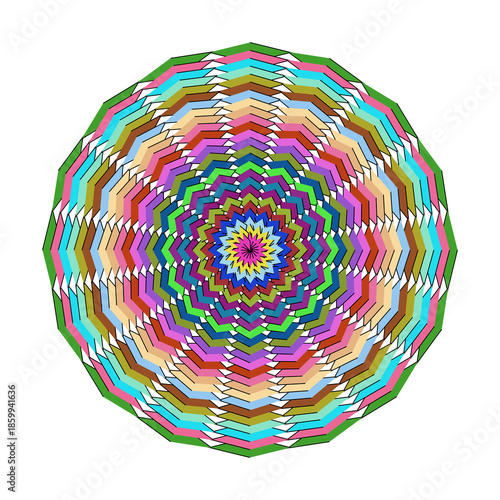 Geometric Rosette Mandala with Pastel and Earthy Tone Chevron Patterns on White Background