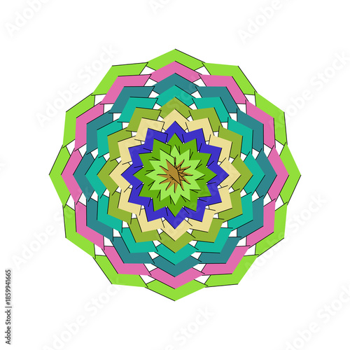 Modern Geometric Mandala with Large Green and Pink Chevron Layers, Minimalist Circular Graphic Art