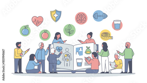 Diverse group of people learning about health and science from a large open book.