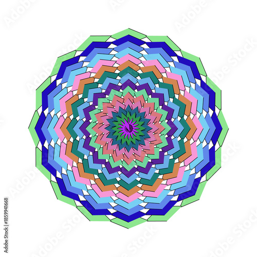 Blue and Teal Circular Mandala with Layered Arrow Patterns, Meditative Geometric Vector Illustration