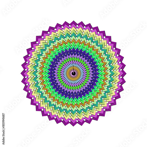 Fine Detailed Purple and Green Mandala with Many Concentric Rings, Intricate Vector Pattern Design